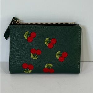 Green Leather Wallet with Cherry Embroidery NWOT